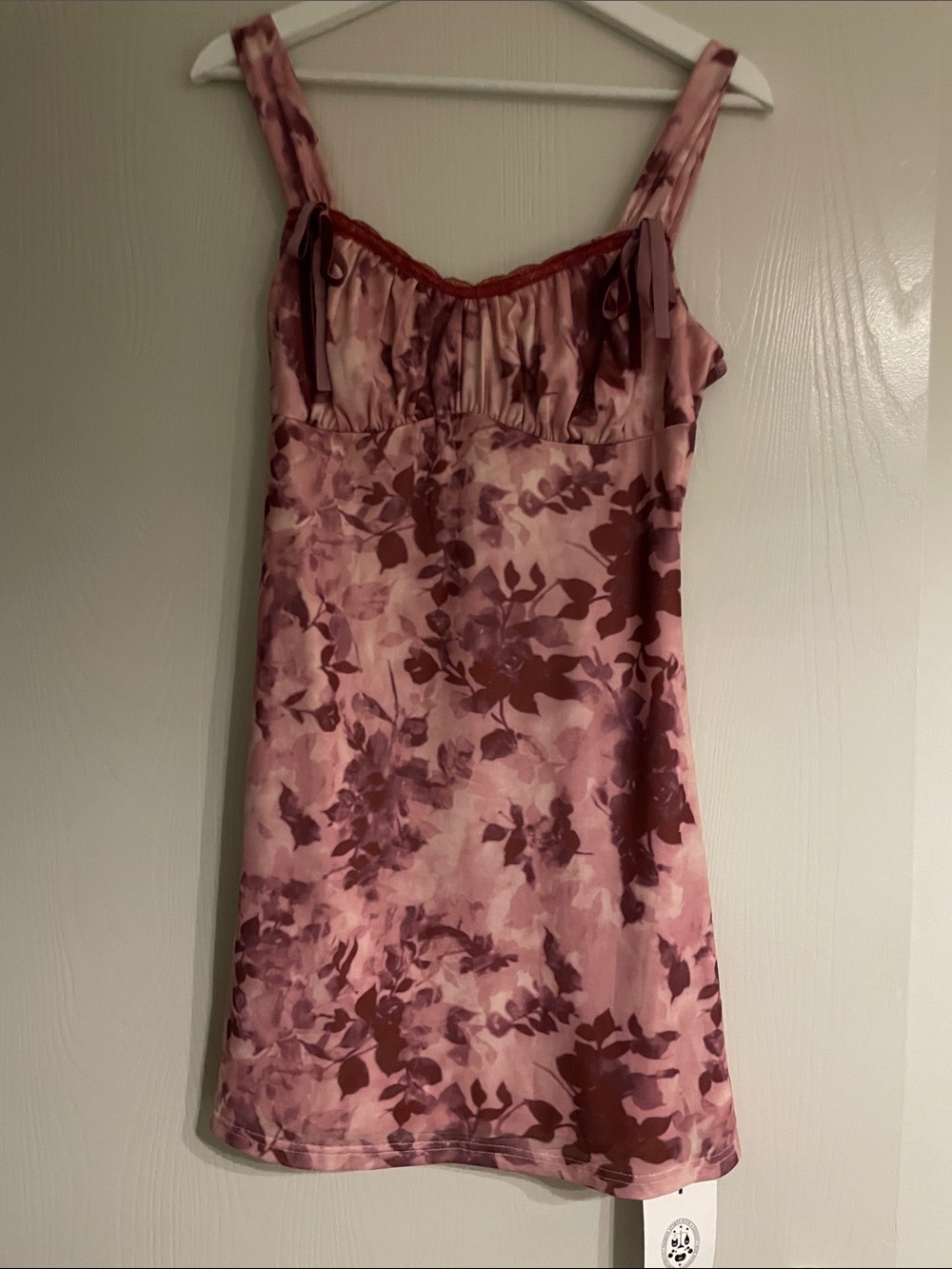Cider Pink Floral Satin Slip Dress with Burgundy Accents